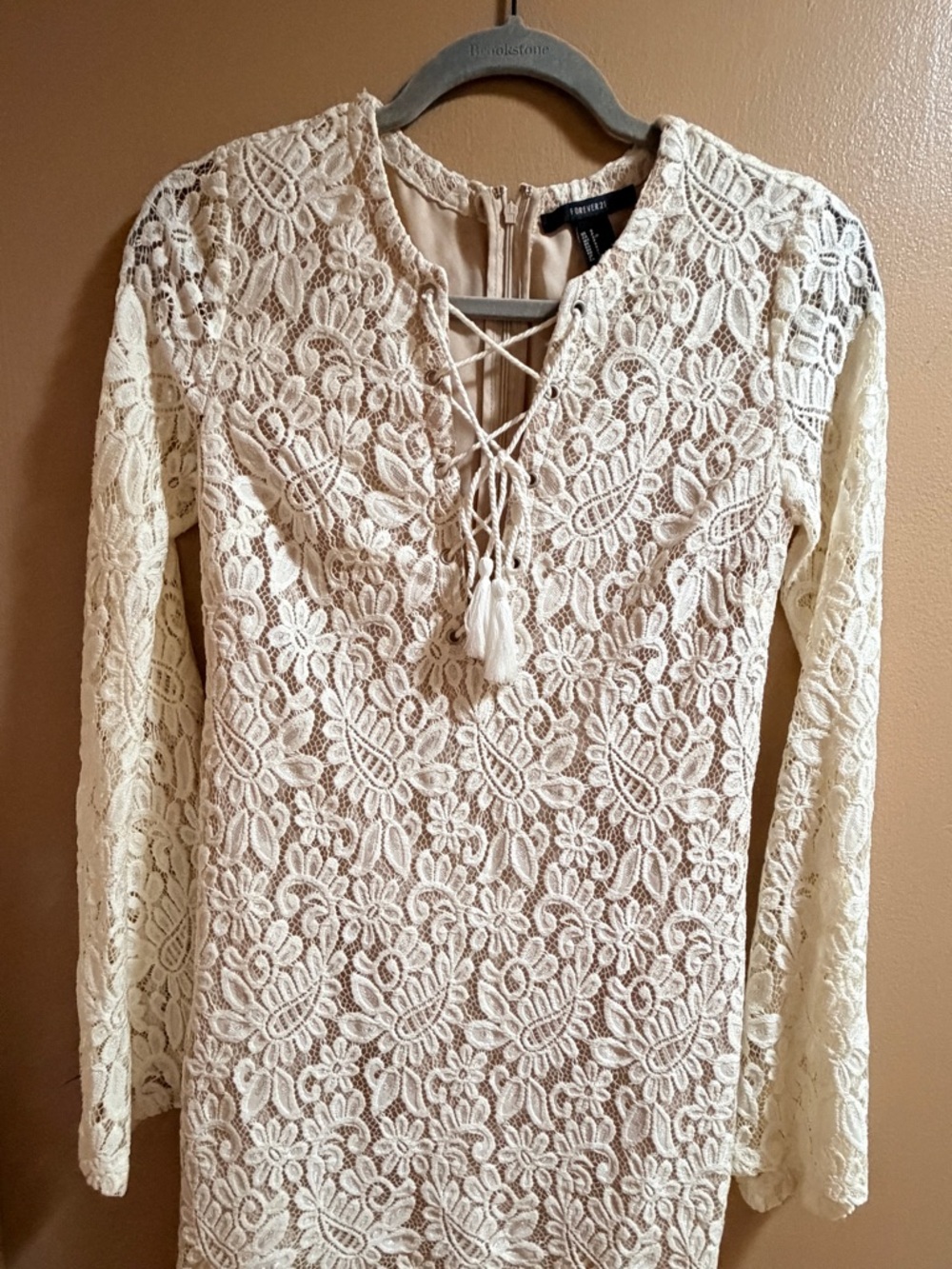 Forever 21 Cream Lace Long Sleeve Dress with Tassel Tie